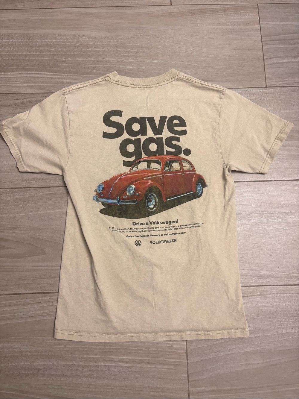 Volkswagen Save Gas Beetle Graphic T-Shirt Small | Beige Retro VW Car Tee